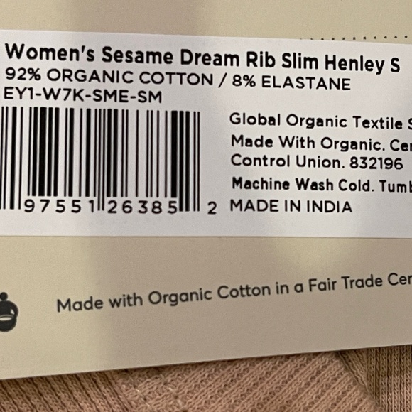 NEW! Pact Sesame Dream Rib Slim Henley Long Sleeve Top Size Small NWT! - Picture 8 of 12